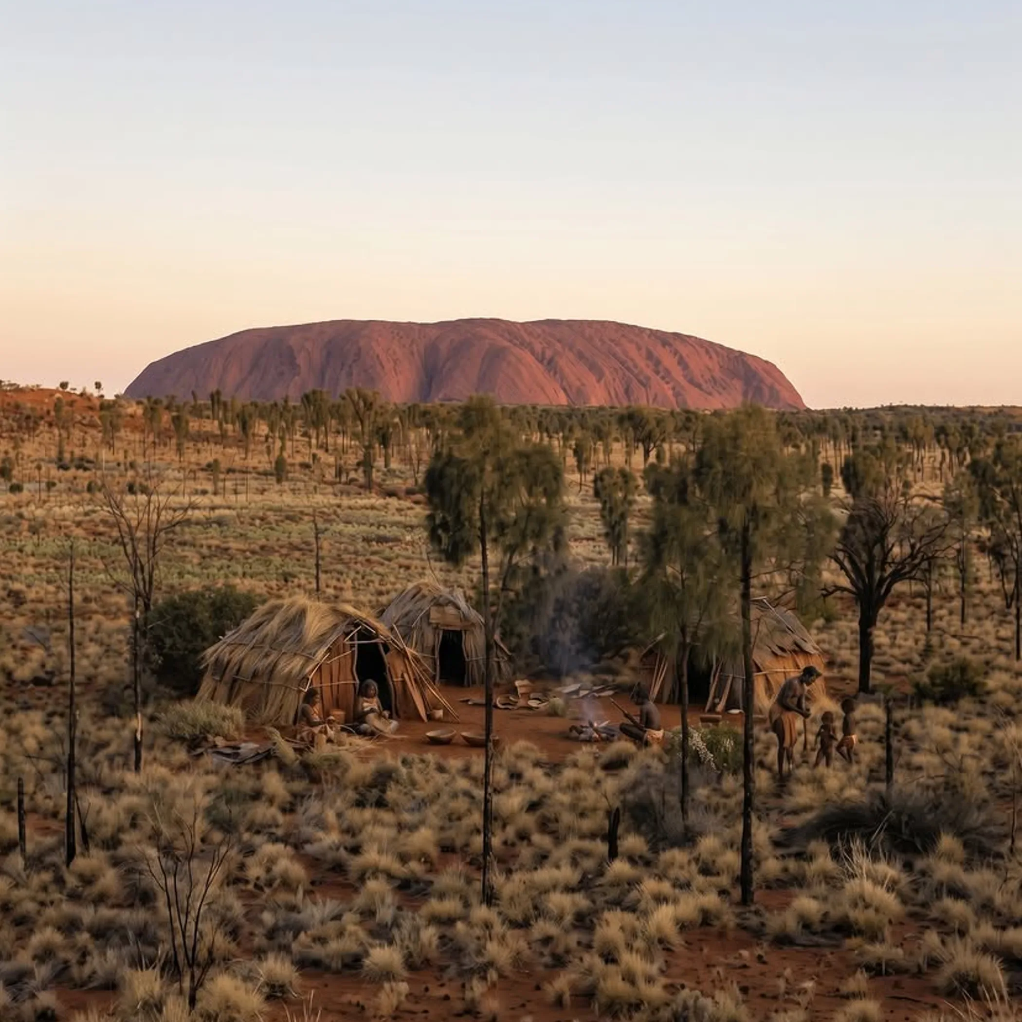 uluru rock formation with cultural scene